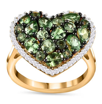 tsavorite garnet and moissanite heart shaped cluster ring in 18k yellow gold over sterling silver