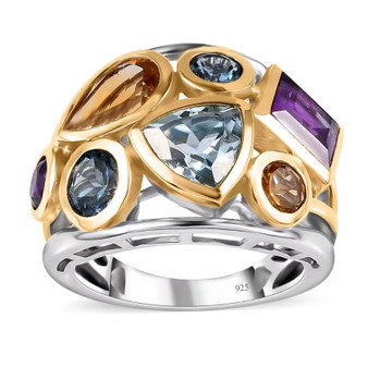 multi gemstone bezel set two-tone wide band ring in 18k yellow gold and rhodium over sterling silver