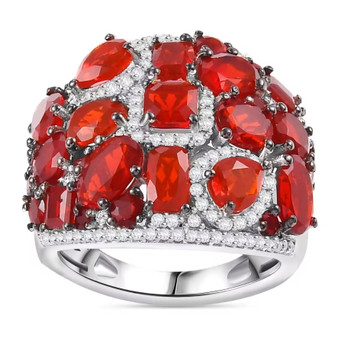 mexican fire opal and moissanite cluster ring in rhodium over sterling silver