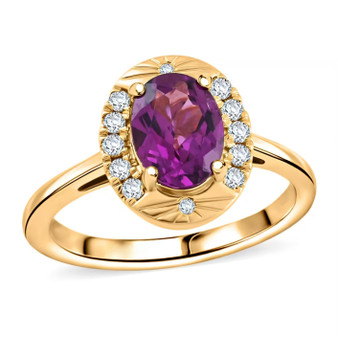 front view of purple garnet and diamond ring in solid 10k yellow gold