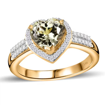 turkizite diaspore and diamond heart halo ring in solid 14k yellow gold