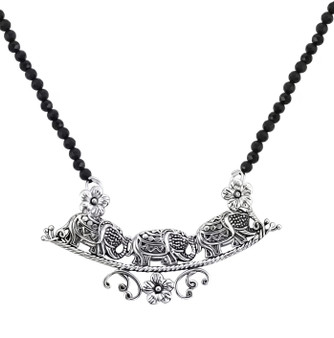 bali inspired three elephant beaded black spinel necklace in rhodium over sterling silver