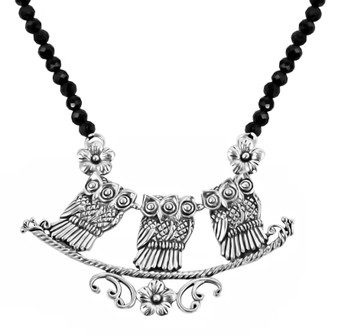 bali inspired three owls beaded black spinel necklace in rhodium over sterling silver