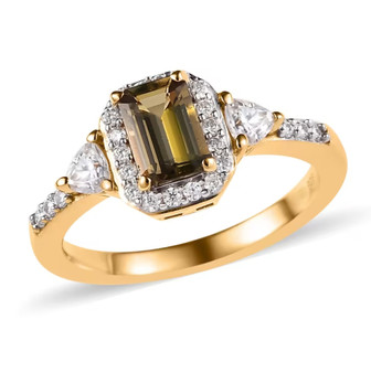 golden tanzanite and moissanite emerald cut halo ring in 18k yellow gold over sterling silver