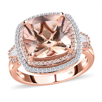 front view of morganite pink cushion and white diamond halo ring in 14k rose gold