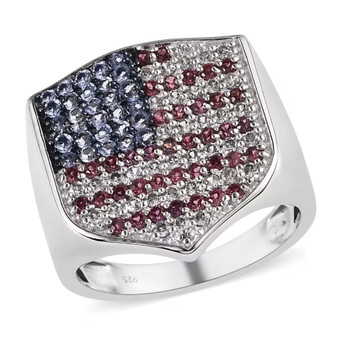 tanzanite rhodolite and white zircon usa flag ring in rhodium over sterling silver