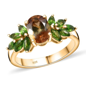 andalusite and chrome diopside ring in 18k yellow gold over sterling silver