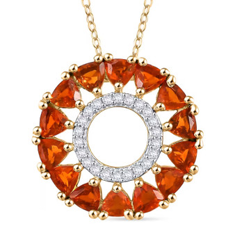 trillion fire opal and round moissanite circle pendant necklace in 18k yellow gold over sterling silver