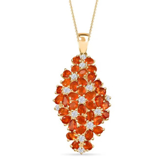 fire opal and moissanite flower cluster pendant necklace in 18k yellow gold over sterling silver