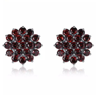 round garnet cluster drop earrings in rhodium over sterling silver