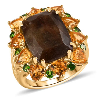 chocolate sapphire citrine and chrome diopside halo cocktail ring in 18k yellow gold over sterling silver