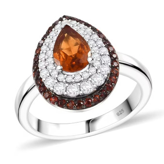 hessonite garnet brown and white zircon pear triple halo ring in rhodium over sterling silver