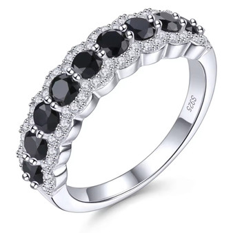 black spinel and white zircon band ring in rhodium over sterling silver