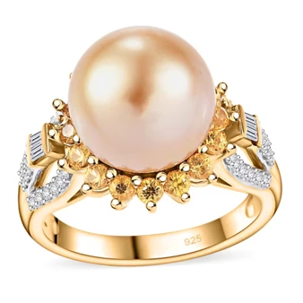 golden south sea pearl yellow sapphire and moissanite halo ring in 18k yellow gold over sterling silver