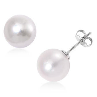 9-11mm round white edison pearl stud earrings in rhodium over sterling silver