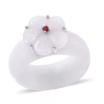 white jade and garnet flower ring in rhodium over sterling silver