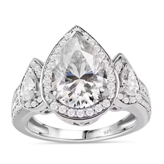 pear moissanite trilogy halo ring in rhodium over sterling silver