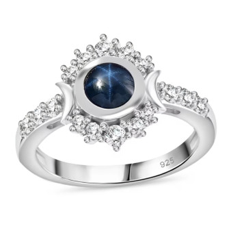 blue star sapphire and white zircon celestial halo ring in rhodium over sterling silver
