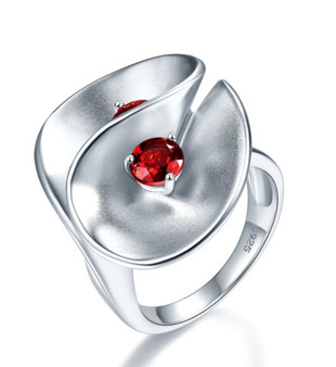 garnet sculptural ring in rhodium over 925 sterling silver