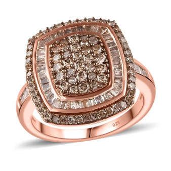 champagne diamond double halo cluster ring in 18k rose gold over sterling silver