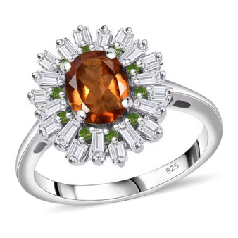 hessonite garnet chrome diopside and moissanite halo ring in rhodium over sterling silver