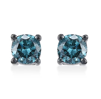round lab grown blue diamond stud earrings in rhodium over sterling silver