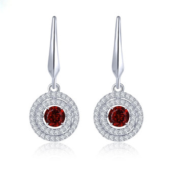 dancing garnet and white zircon double halo dangle earrings in rhodium over sterling silver