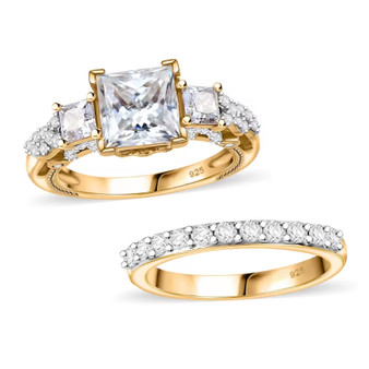 princess cut moissanite and orange sapphire two ring bridal set in 18k yellow gold over sterling silver