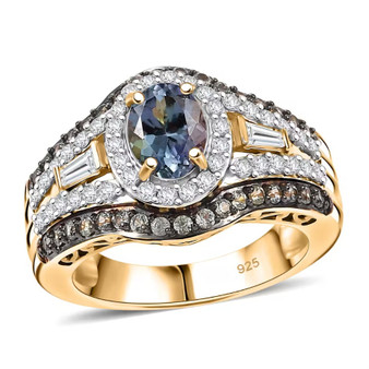 unheated tanzanite green sapphire and zircon ring in 18k yellow gold over sterling silver