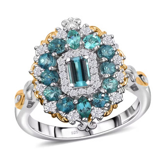 indicolite tourmaline and moissanite halo ring in 18k yellow gold and rhodium over sterling silver