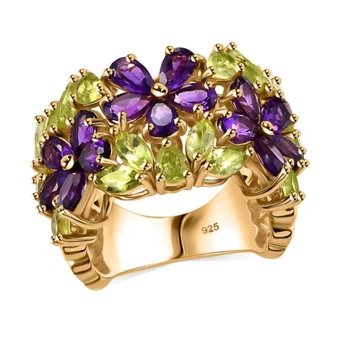 amethyst and peridot flower cluster ring in rhodium over sterling silver
