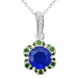 blue spinel chrome diopside and white zircon pendant necklace in rhodium over sterling silver