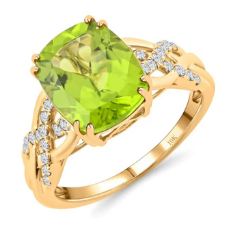 front view of peridot and diamond infinity shank ring in solid 10k yellow gold