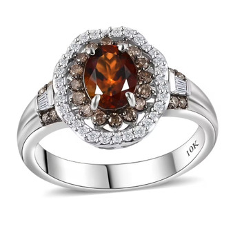 orange tourmaline champagne and white diamond halo ring in solid 10k white gold
