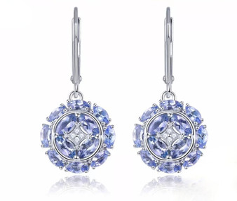 tanzanite and white zircon dangle earrings in rhodium over sterling silver