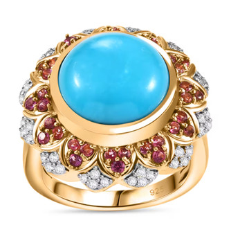 turquoise pink tourmaline and moissanite halo ring in 18k yellow gold over sterling silver