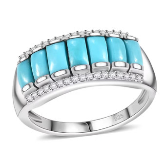 turquoise seven stone band ring with moissanite accents in rhodium over sterling silver