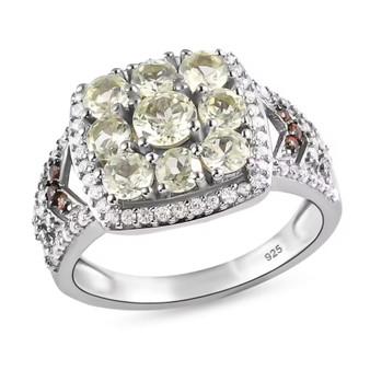 chrysoberyl brown and white zircon halo cluster ring in rhodium over sterling silver