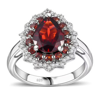 garnet and white zircon pear double halo rhodium over sterling silver ring front