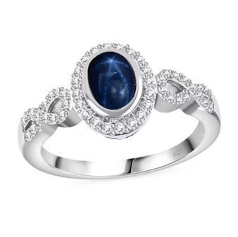 star sapphire and white zircon halo infinity shank ring in rhodium over sterling silver