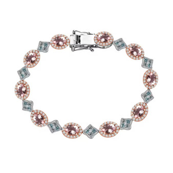 morganite blue apatite and moissanite tennis bracelet in rhodium over sterling silver