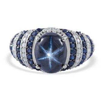 blue star sapphire blue sapphire and moissanite ring in rhodium over sterling silver
