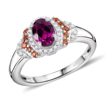 purple garnet padparadscha sapphire and zircon ring in rhodium over sterling silver