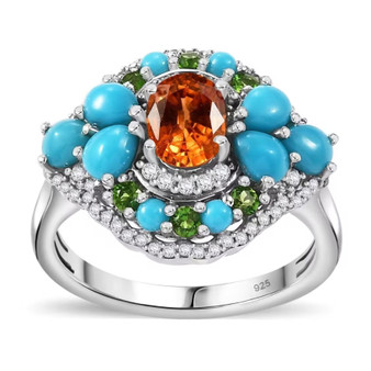 spessartine garnet and multi gemstone ring in rhodium over sterling silver