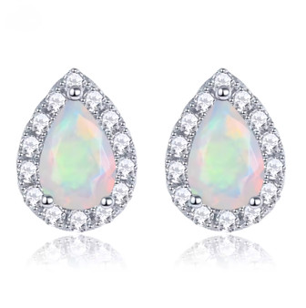 pear ethiopian opal and white zircon oval halo stud earrings in rhodium over sterling silver