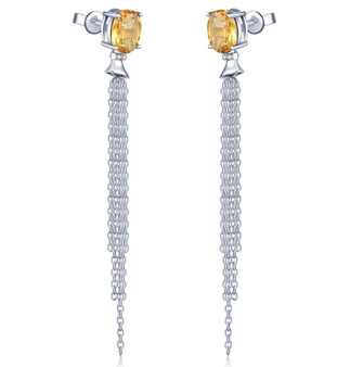 oval natural gemstone tassel earrings in rhodium over sterling silver