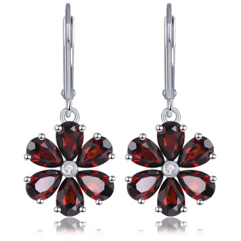 garnet and white zircon flower cluster earrings in rhodium over sterling silver
