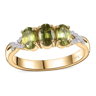 sphene and diamond trilogy ring in solid 10k yellow gold