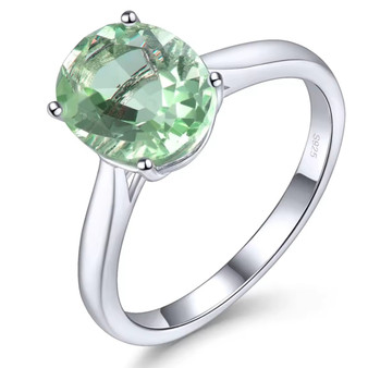 green fluorite 10x8mm oval solitaire ring in rhodium over sterling silver