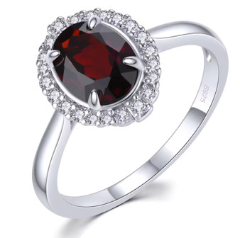 garnet and white zircon halo ring in rhodium over sterling silver